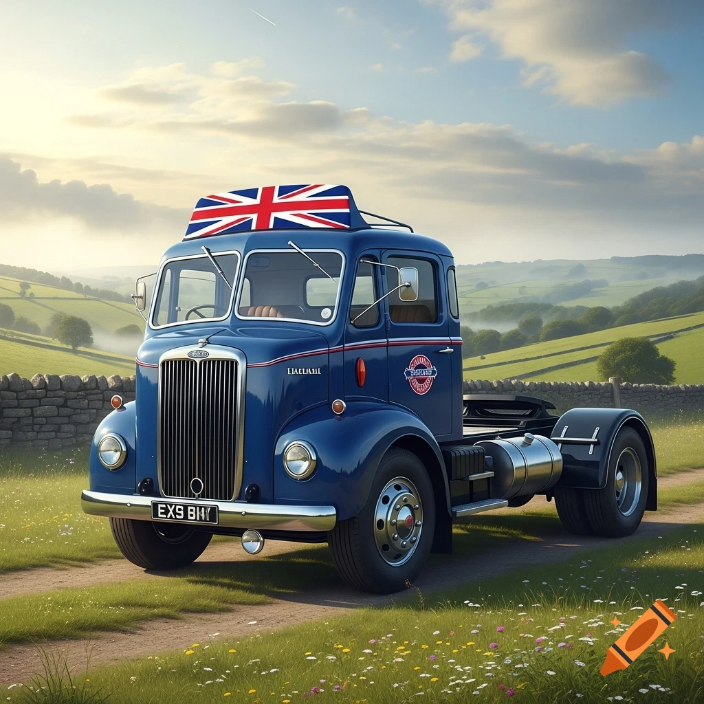 A blue vintage truck with a Union Jack flag on its roof sits on a dirt path in a green, hilly countryside under a cloudy sky.