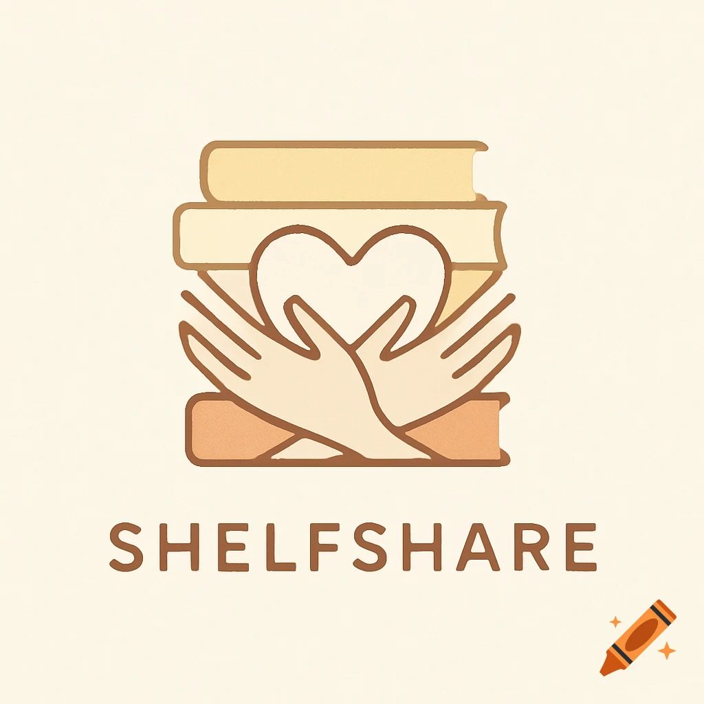 Minimalist logo of a stack of books with two hands forming a heart shape, text below reads "SHELFSHARE".