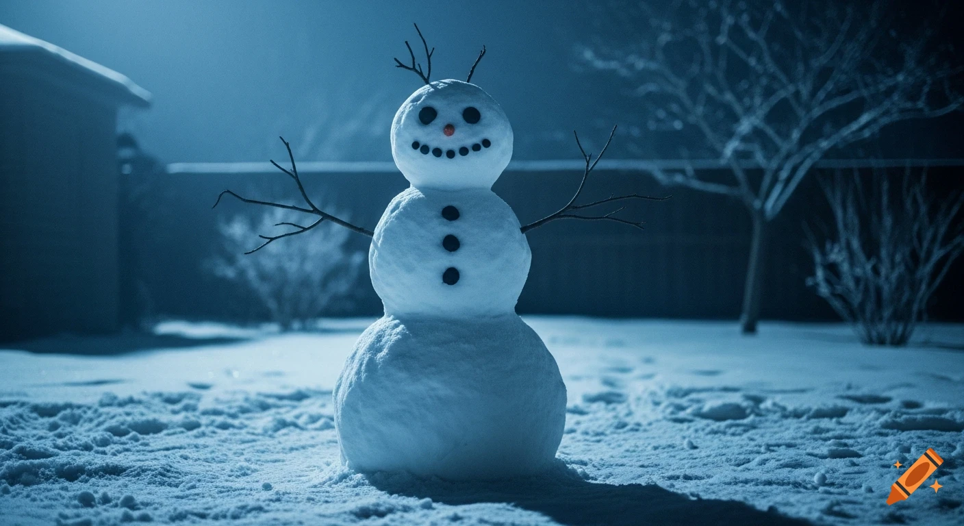 A creepy snowman stands alone in a snowy backyard at night under cold blue, ominous lighting.