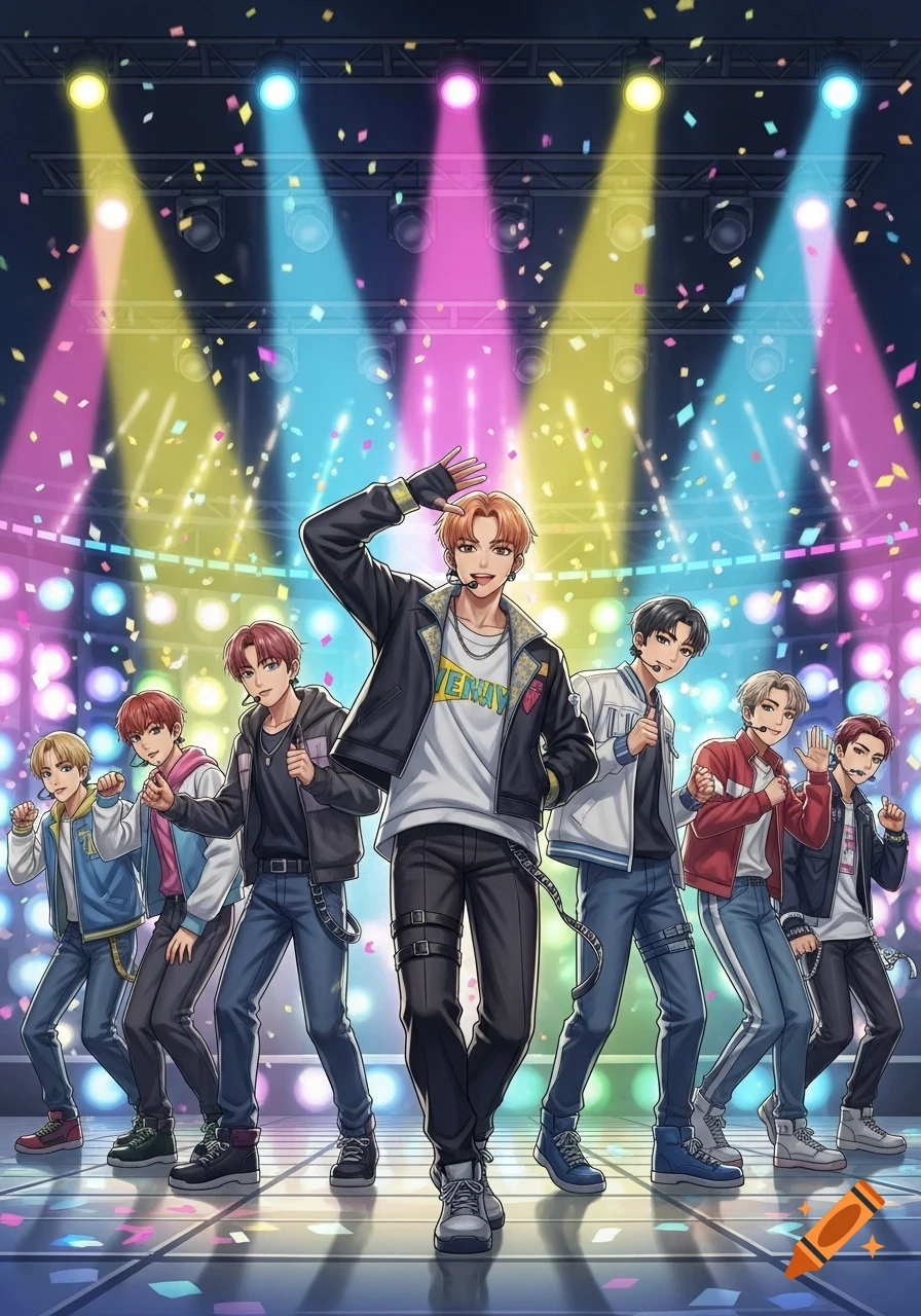 An anime illustration of a K-pop boy group performing on a brightly lit stage with confetti falling.