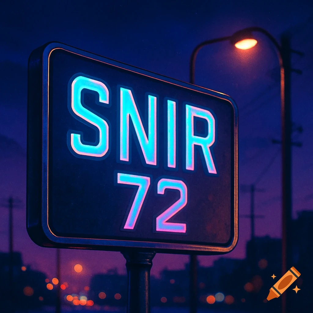 A glowing neon sign displaying 'SNIR 72' against a dark, blurry night city background with a street lamp.