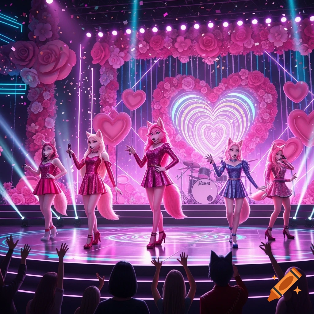 A K-pop band of five pink anthropomorphic wolves performs on a heart-themed stage under pink and blue lights, with an audience watching.