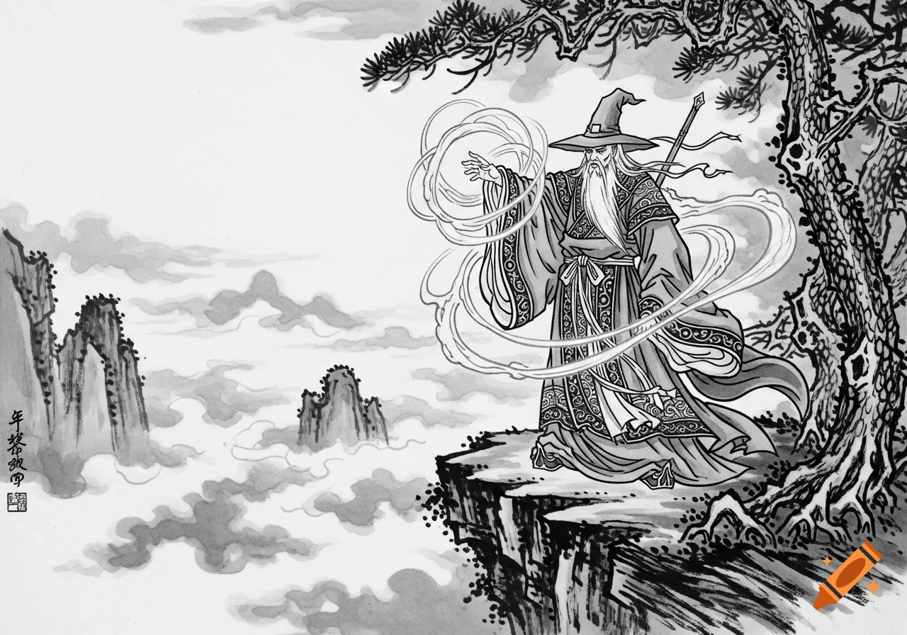 A black and white sumi inkbrush painting of an ancient wizard with a long beard and pointy hat, conjuring magic on a mountain cliff, with misty peaks in the background and a gnarled pine tree to the right.