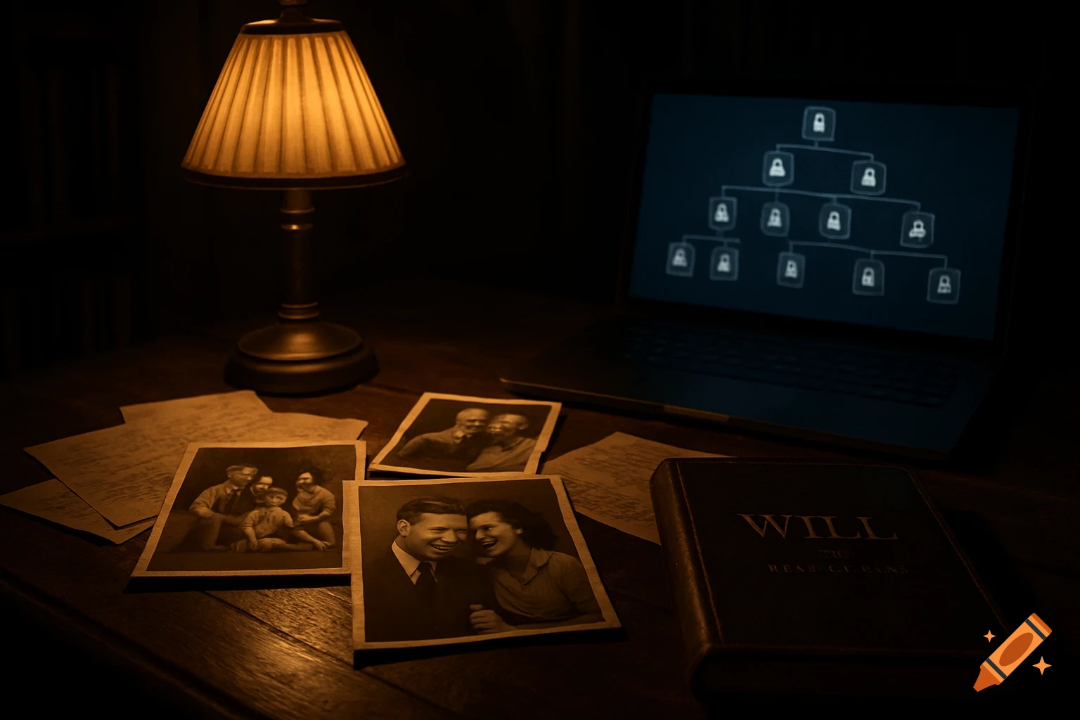 A dimly lit antique study desk with a glowing lamp, scattered vintage black-and-white family photos, letters, and a book titled "WILL" next to a laptop showing a genealogy tree.