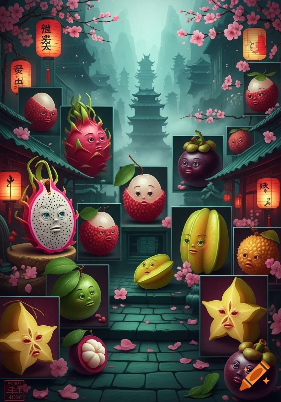 Anthropomorphic fruits with expressive faces, including lychees and dragon fruit, against an Asian landscape with pagodas and cherry blossoms.