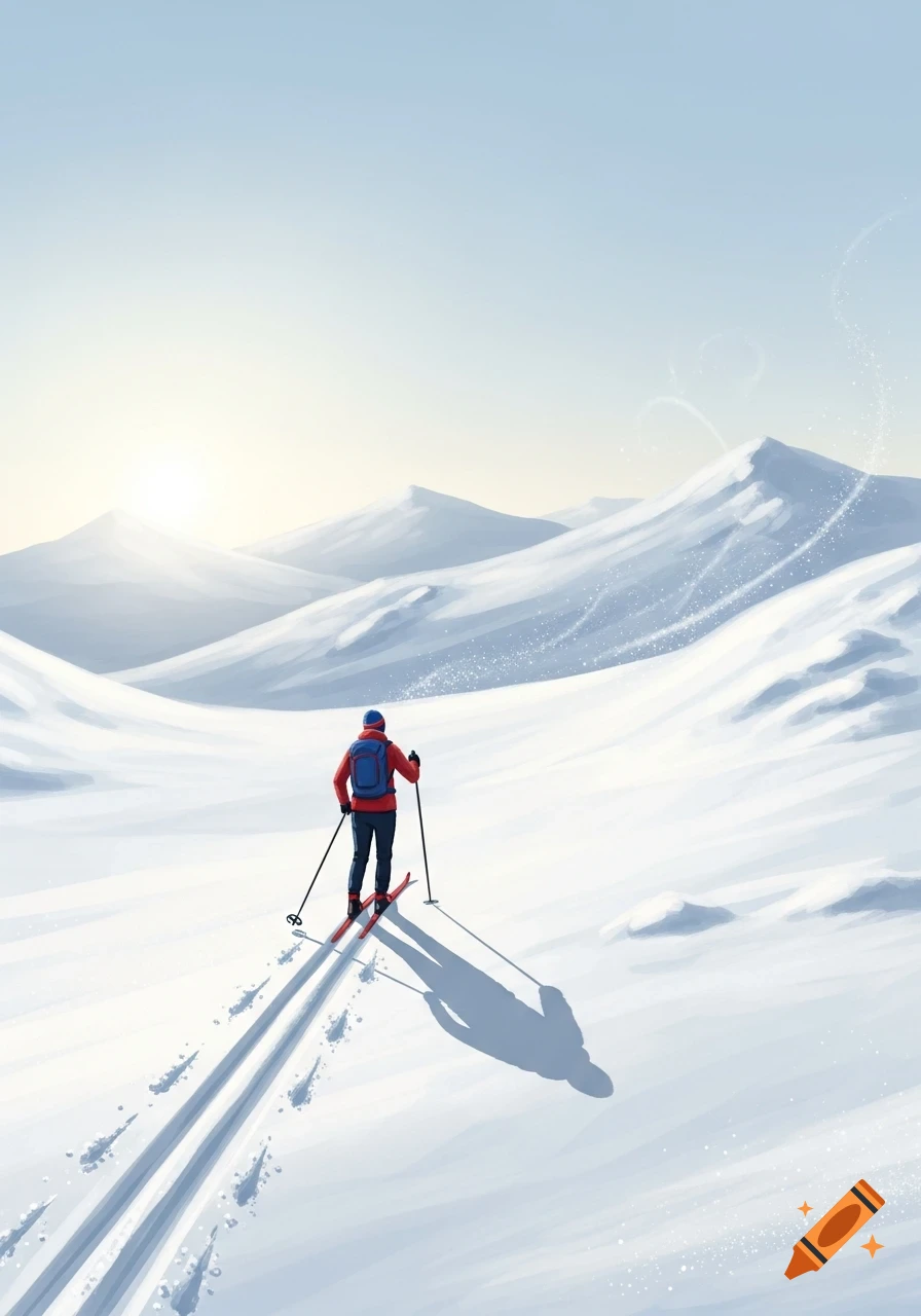 A lone skier in a red jacket and blue backpack skis through a vast, snowy mountain landscape under a bright sky, rendered in an illustrative style.