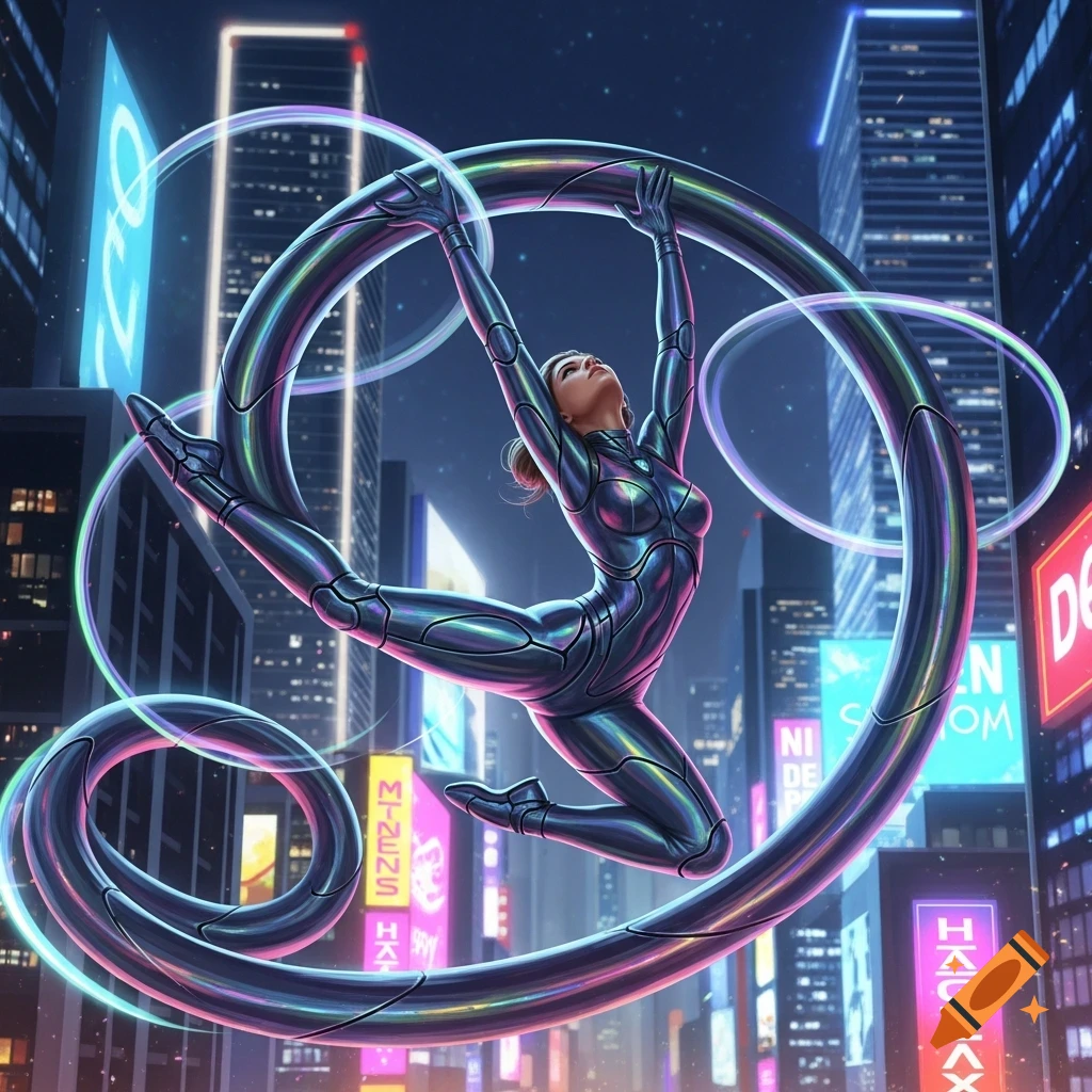 A woman in a futuristic, metallic suit in an acrobatic pose, suspended by a swirling metal ribbon against a neon-lit cyberpunk city at night.