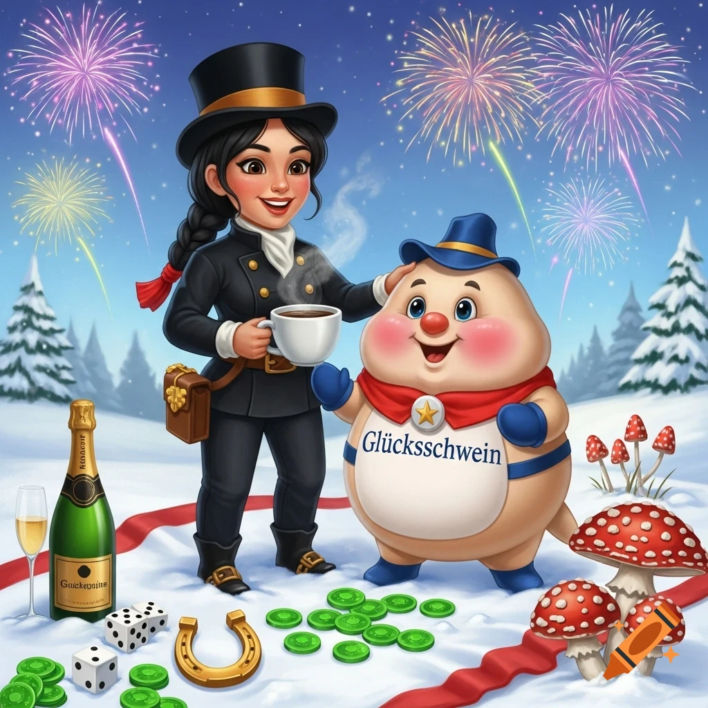 A chimney sweep and a happy lucky pig character in a snowy landscape with fireworks, champagne, dice, horseshoe, and mushrooms.