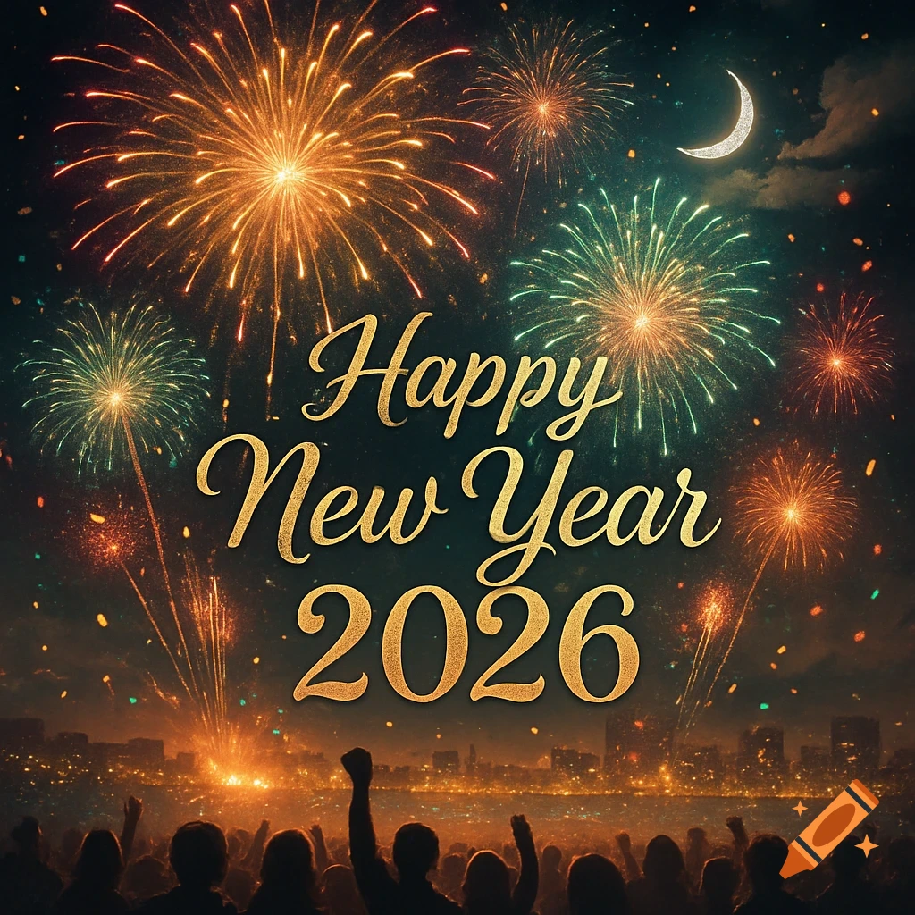 Fireworks light up the night sky over a city skyline with a silhouetted crowd below, and the text "Happy New Year 2026".