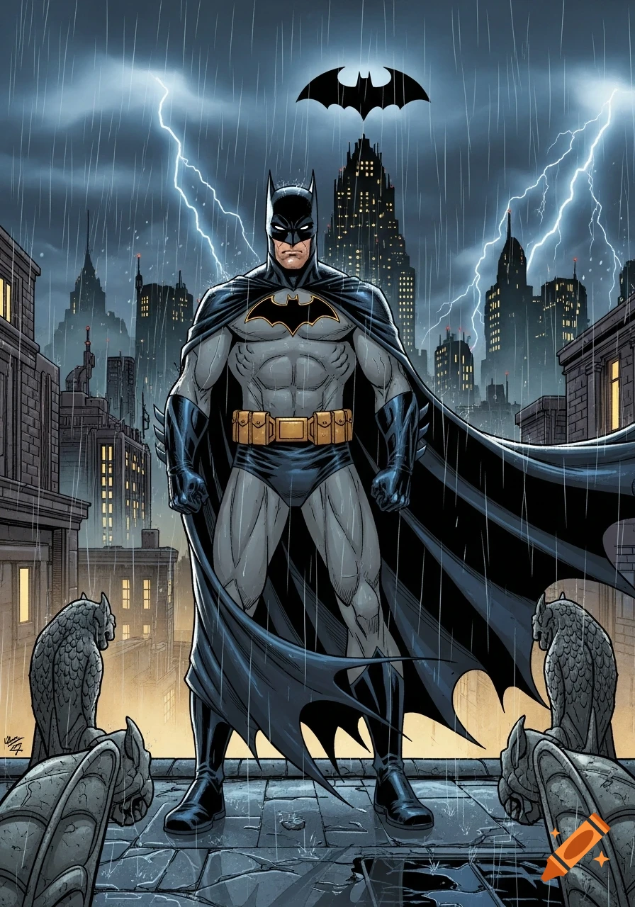 Batman stands on a rainy rooftop with gargoyles, lightning flashes ...