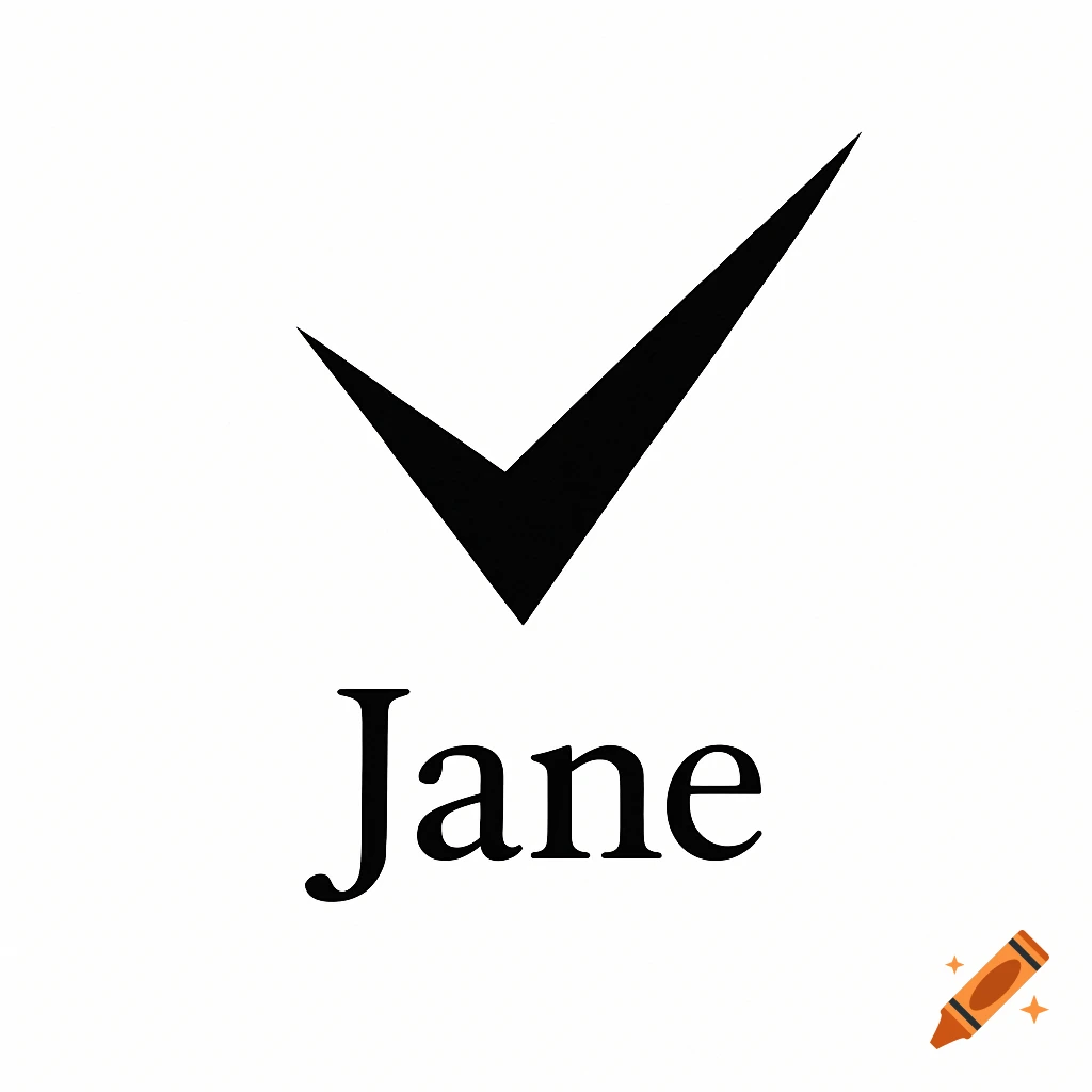 A black checkmark symbol above the name Jane, on a white background.