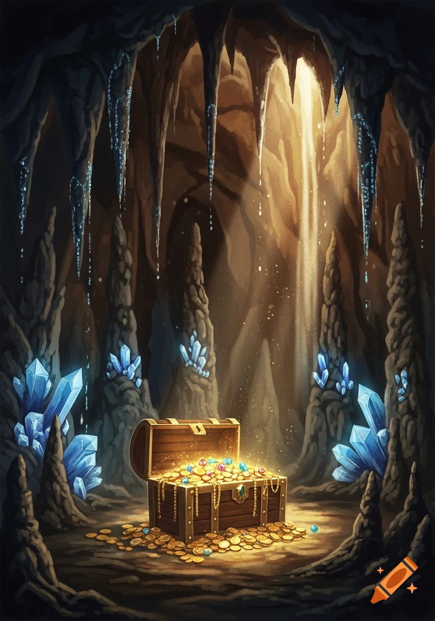 A fantasy cave with glowing blue crystals, stalactites, and stalagmites, illuminated by a light beam on an open treasure chest filled with gold and jewels.