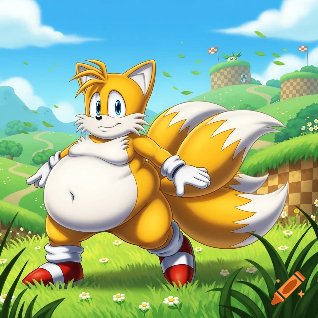 An obese orange fox character with two tails, known as Tails from Sonic, stands in a vibrant green landscape with rolling hills.