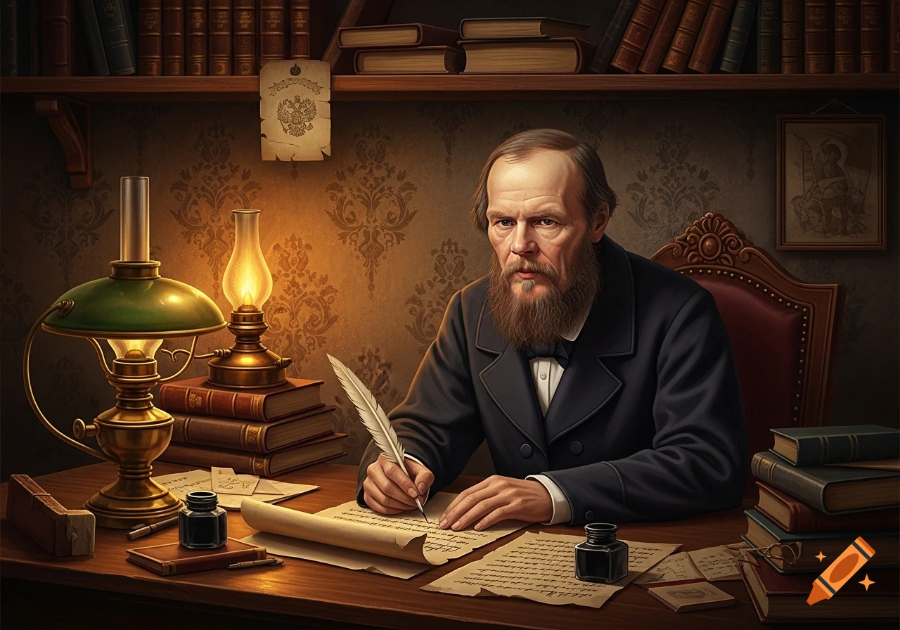 A serious-looking Dostoevsky with a beard writes at a wooden desk with a quill, ink, and papers, surrounded by oil lamps and bookshelves in a dimly lit, vintage study.