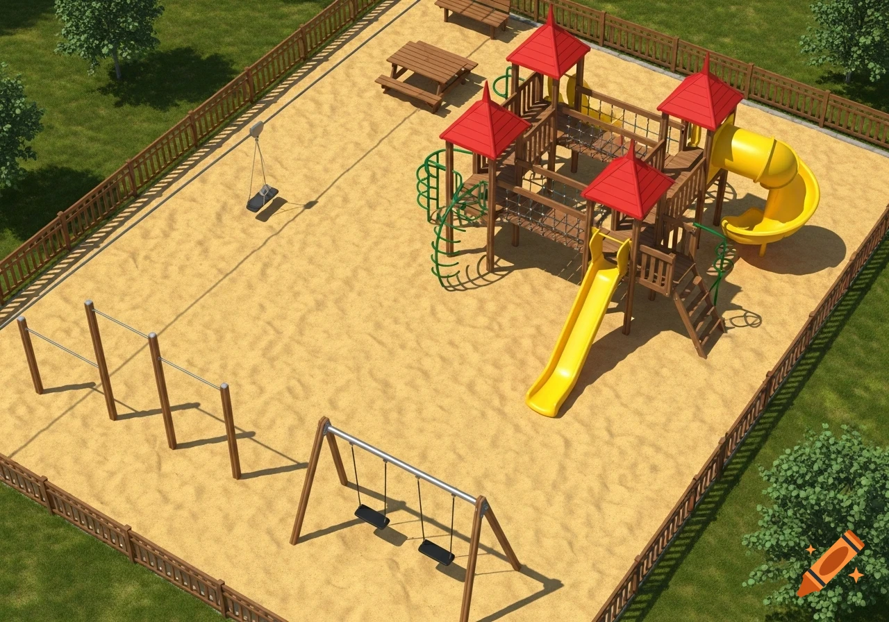An aerial view of a sand-filled playground surrounded by a wooden fence. It features a large climbing frame with red-roofed towers, yellow slides, swings, horizontal bars, and a picnic bench.