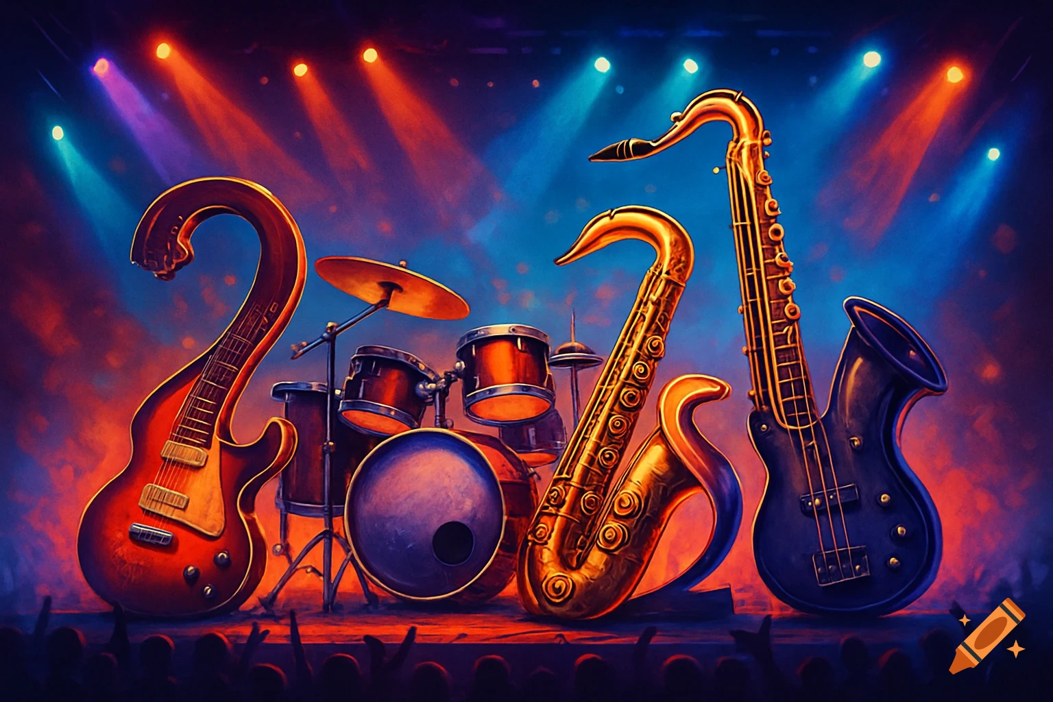 An artistic rendering of an electric guitar, drum kit, two saxophones, and a bass guitar on a stage, illuminated by red and blue spotlights, with a blurry audience visible at the bottom.