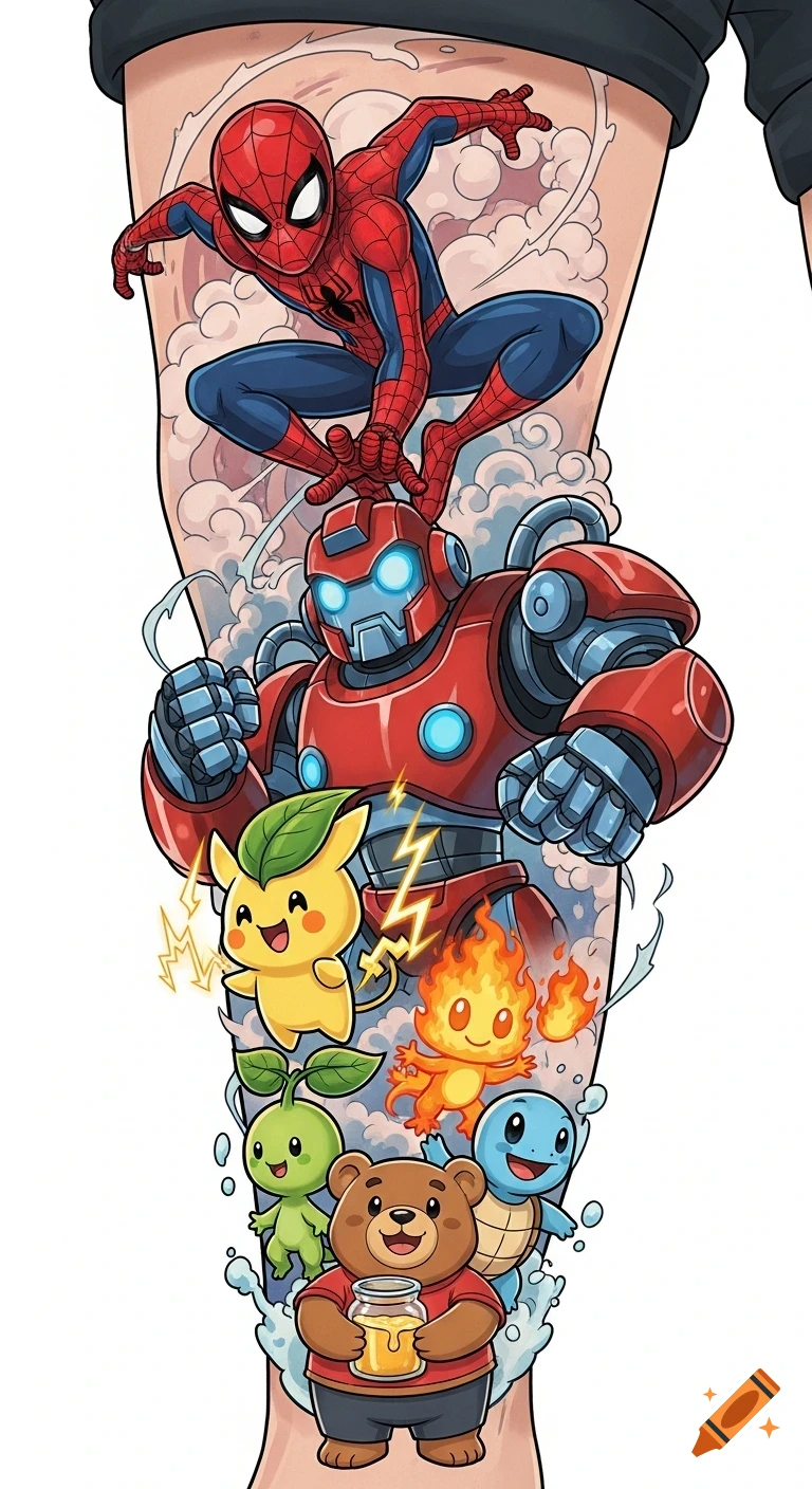 A vibrant cartoon leg tattoo design featuring Spider-Man, a robot, several elemental creatures, and a bear holding a honey jar.
