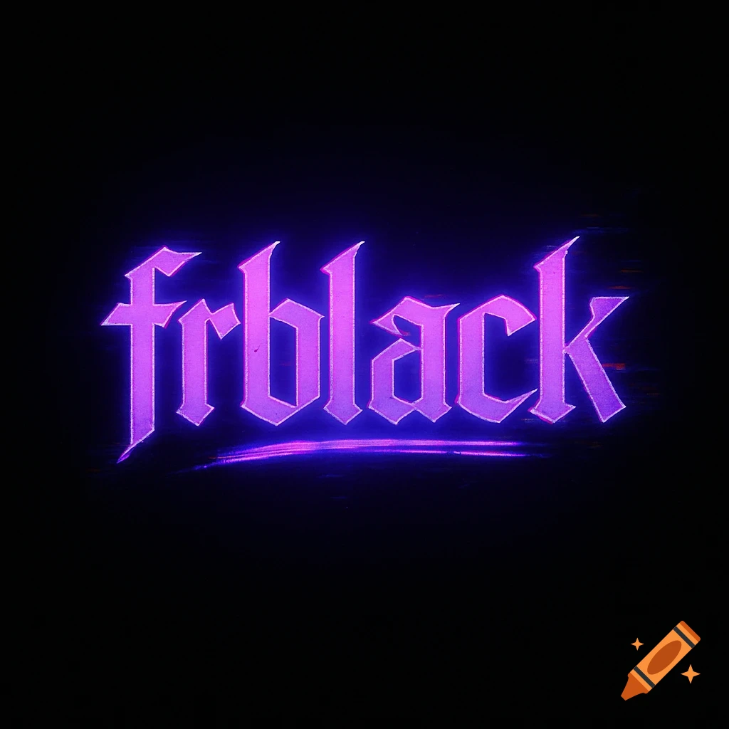 Purple neon "frblack" text with glitch effects against a black background.