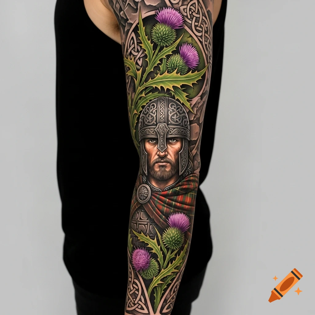 A colorful, detailed full arm tattoo featuring a Scottish warrior in a helmet surrounded by thistles and intricate Celtic knotwork.