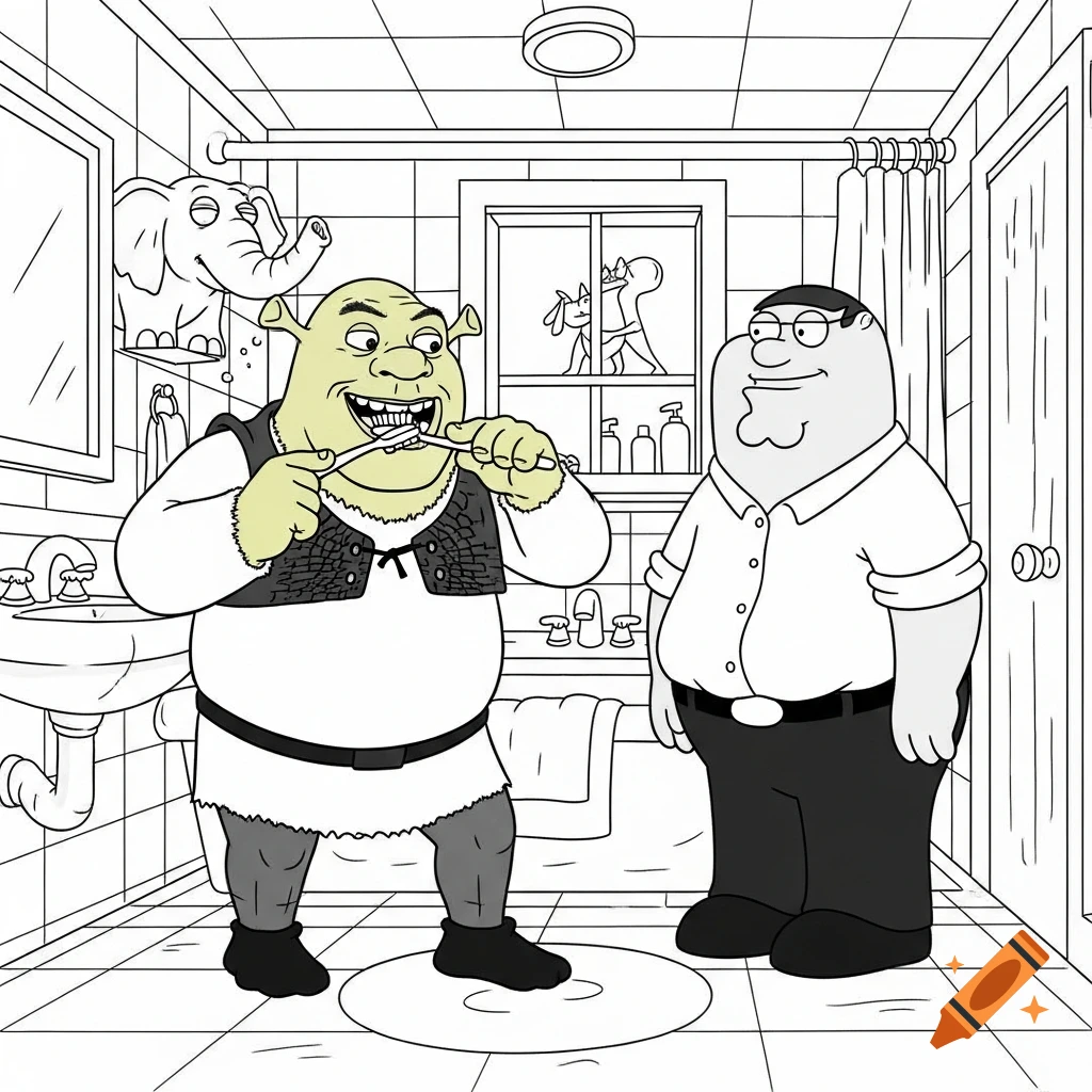 Shrek brushes his teeth while Peter Griffin stands beside him in a bathroom, depicted in a black and white Family Guy cartoon style.