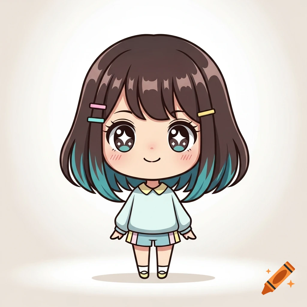 A cute chibi anime girl with short brown hair with teal tips, sparkling eyes, and a light blue outfit on a minimal background.