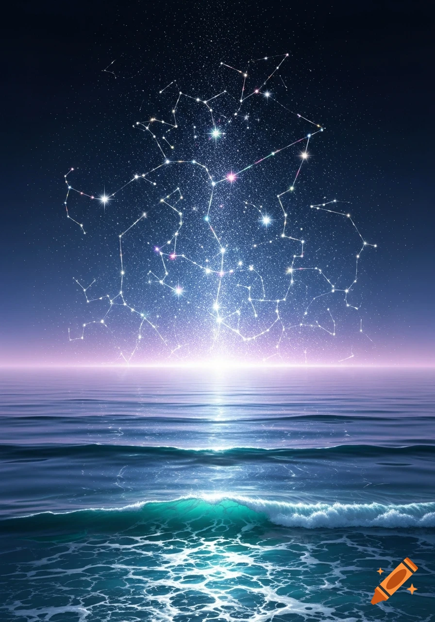 Vibrant night sky filled with sparkling constellations and stars over a serene ocean with gentle waves reflecting light.