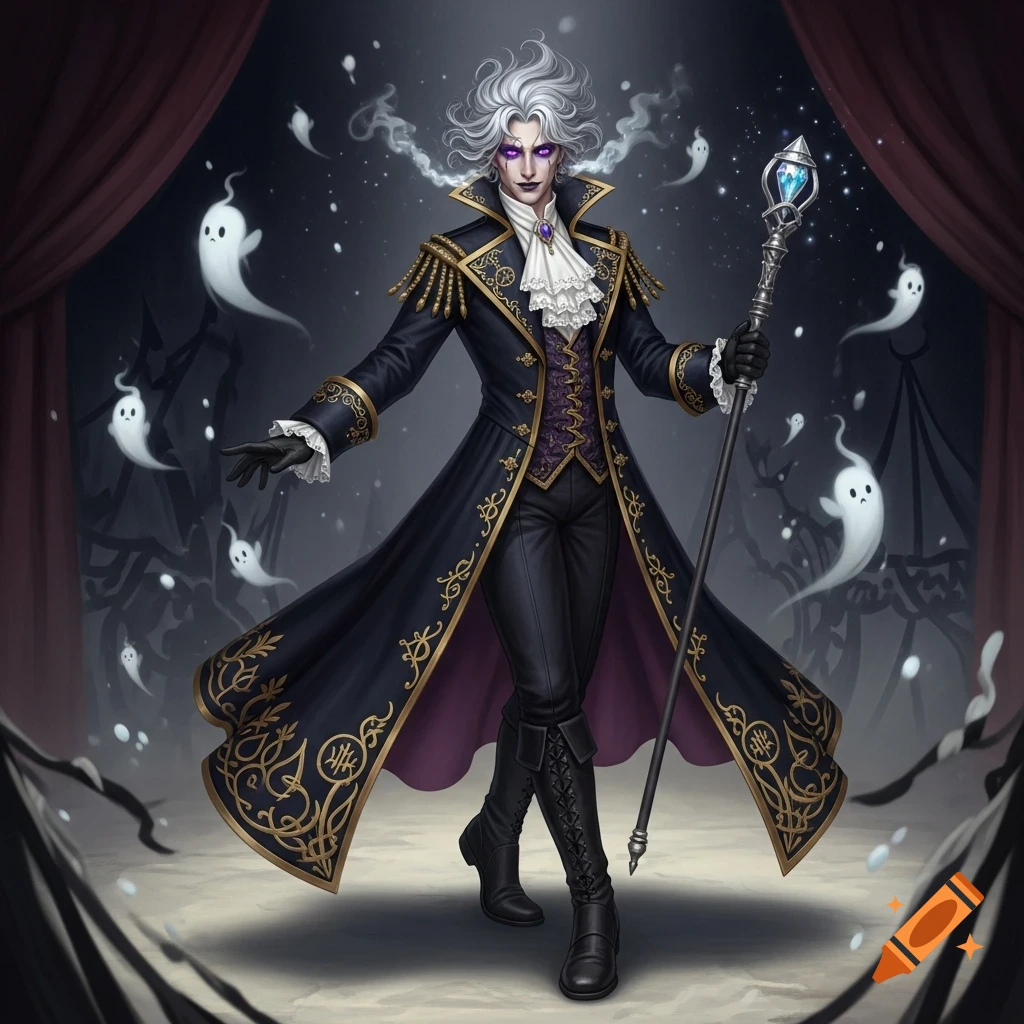 A male occultist with white hair and purple eyes, wearing a black and gold Victorian-style coat, holds a staff on a stage with floating ghosts.