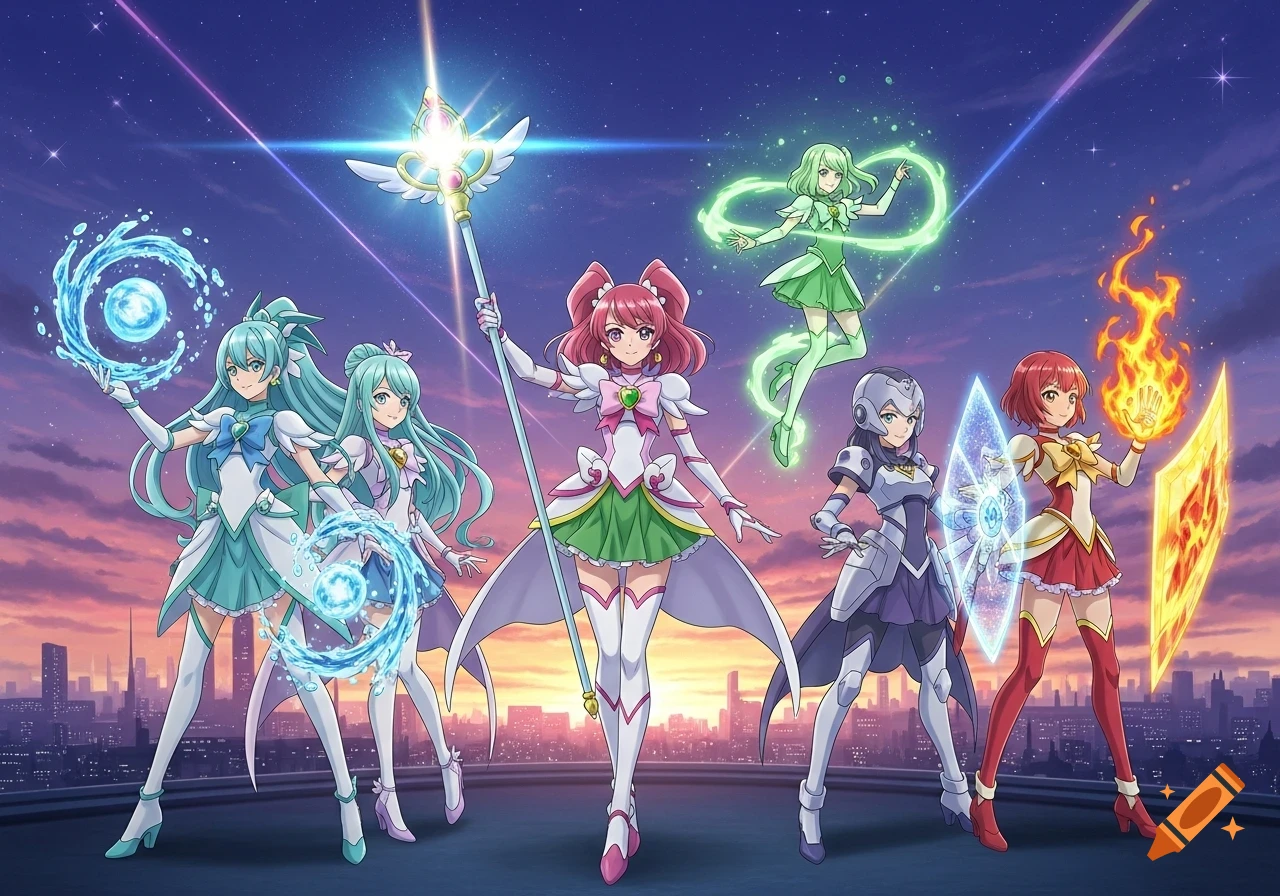 Five anime magical girls with various powers pose heroically on a rooftop overlooking a city at sunset.
