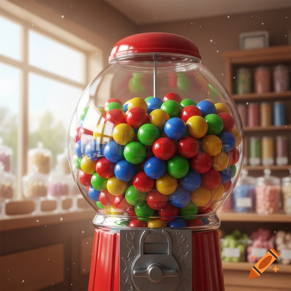 A red gumball machine filled with colorful red, blue, green, and yellow gumballs in a candy store setting, photorealistic.