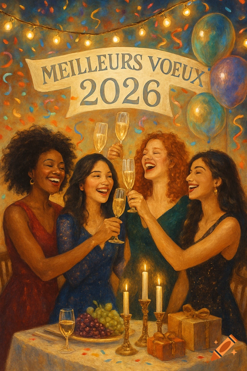 Four happy women toast with champagne at a New Year's Eve party under a 'MEILLEURS VOEUX 2026' banner, with confetti and candles, in a painterly style.