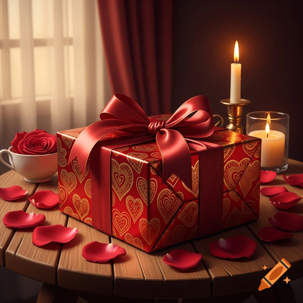 A red gift box with a satin bow and gold heart patterns, surrounded by rose petals and candles on a wooden table. A red rose sits in a white cup.
