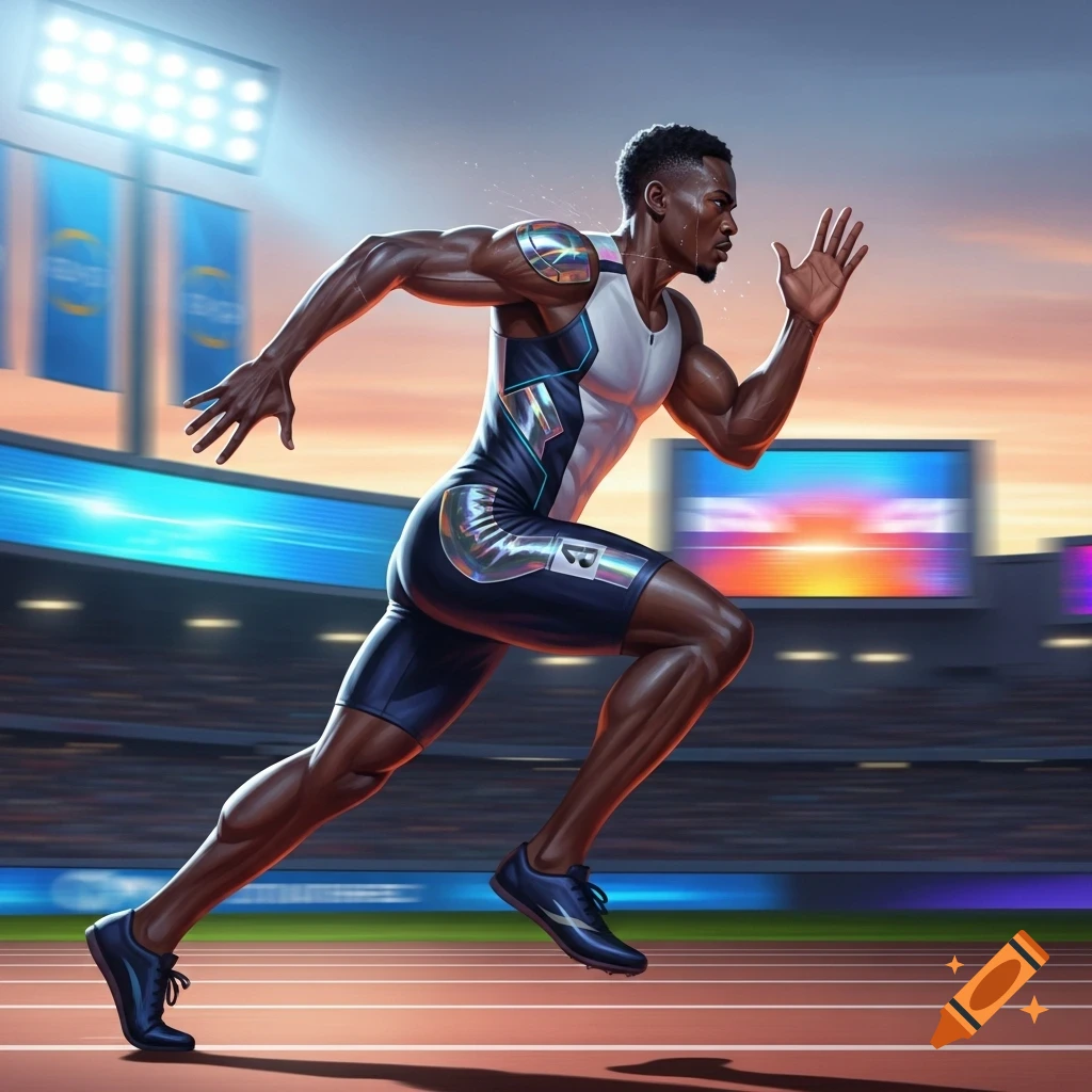 Muscular male athlete in a white and dark blue futuristic running suit sprints on a track during sunset.