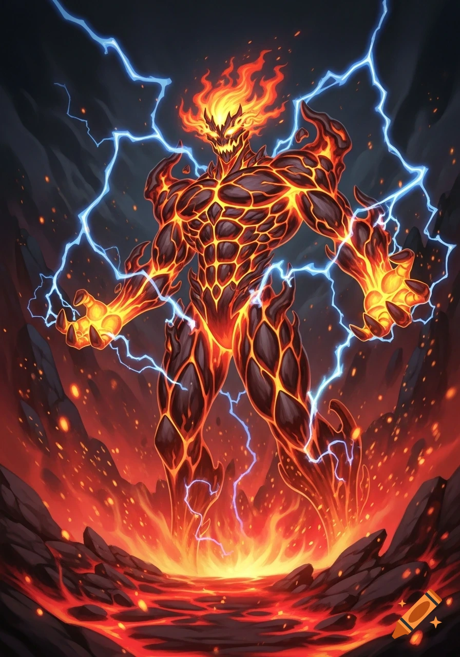 A fearsome molten creature, glowing with fire and surrounded by lightning, stands in a landscape of lava and dark rock in a stylized digital art rendering.