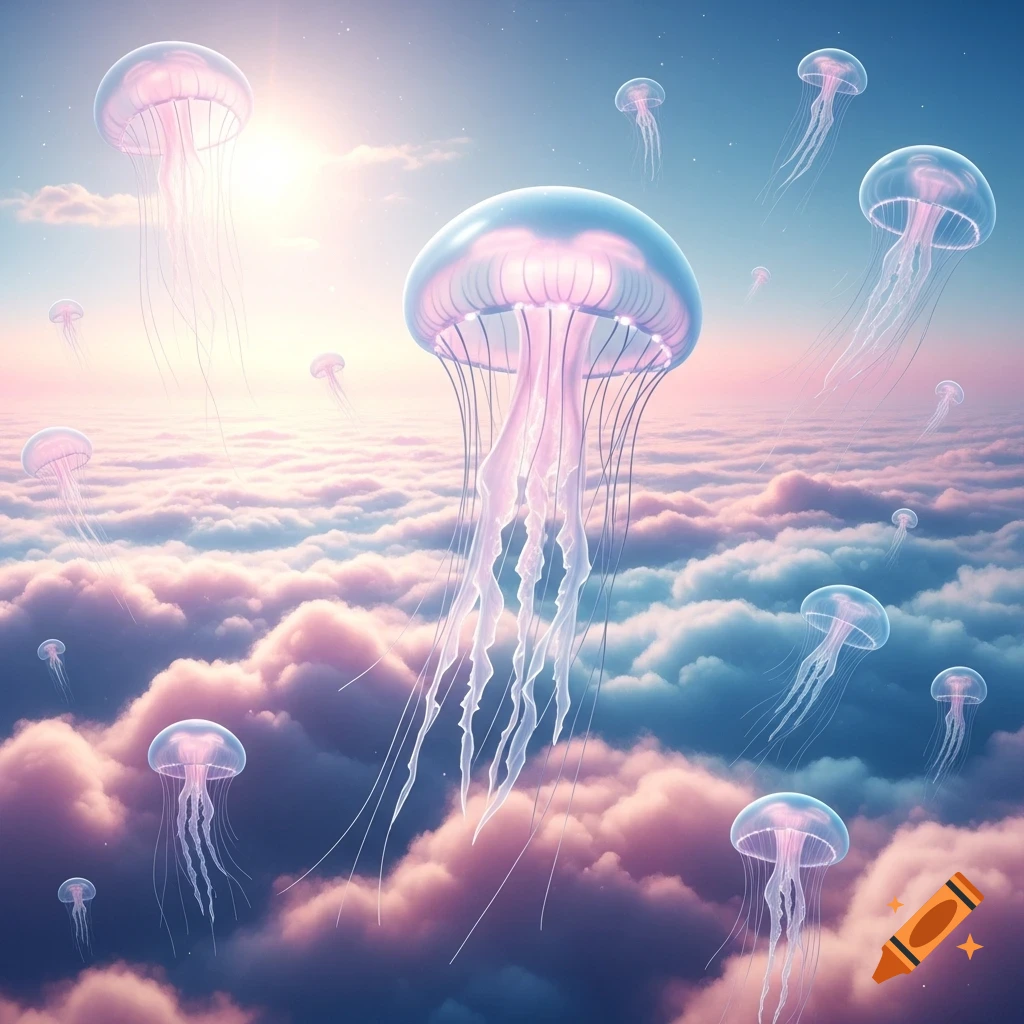 Numerous glowing pink and blue jellyfish float majestically above a dreamy expanse of pink and blue clouds, under a bright sky.