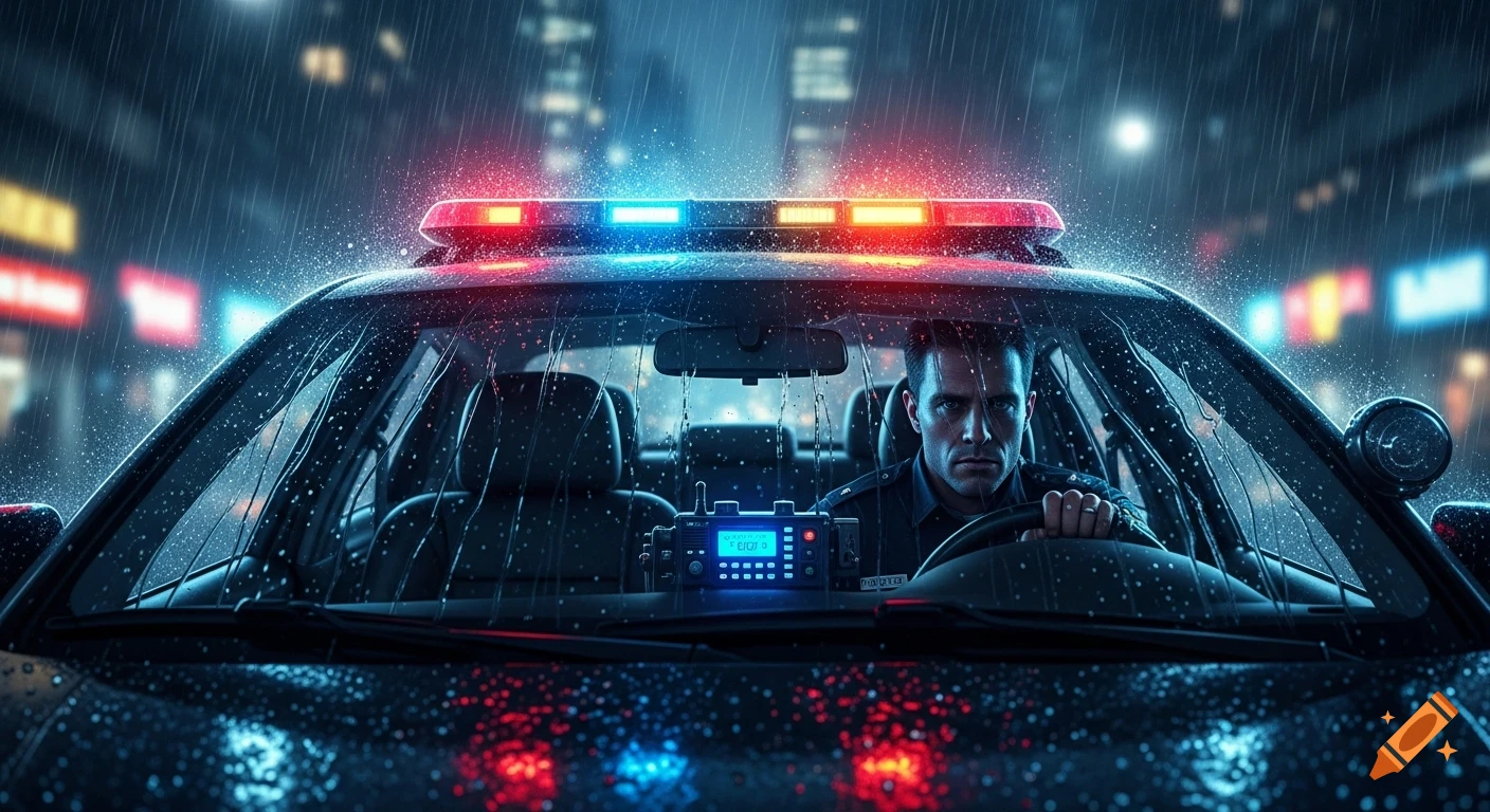 A serious police officer drives a patrol car at night during heavy rain, with flashing red and blue lights and city reflections.