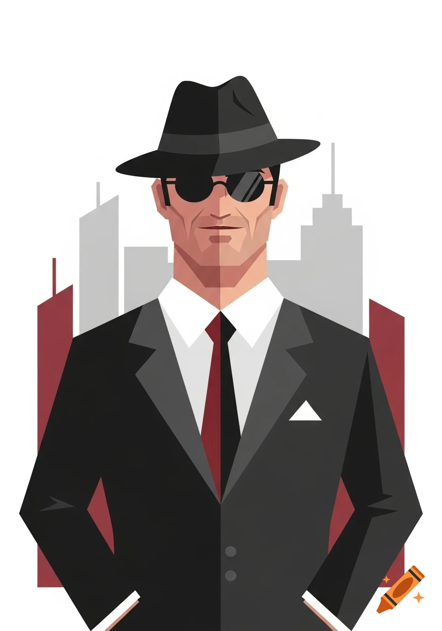 Stylized illustration of a man in a black fedora, sunglasses, suit, and red tie, with abstract city buildings behind him.