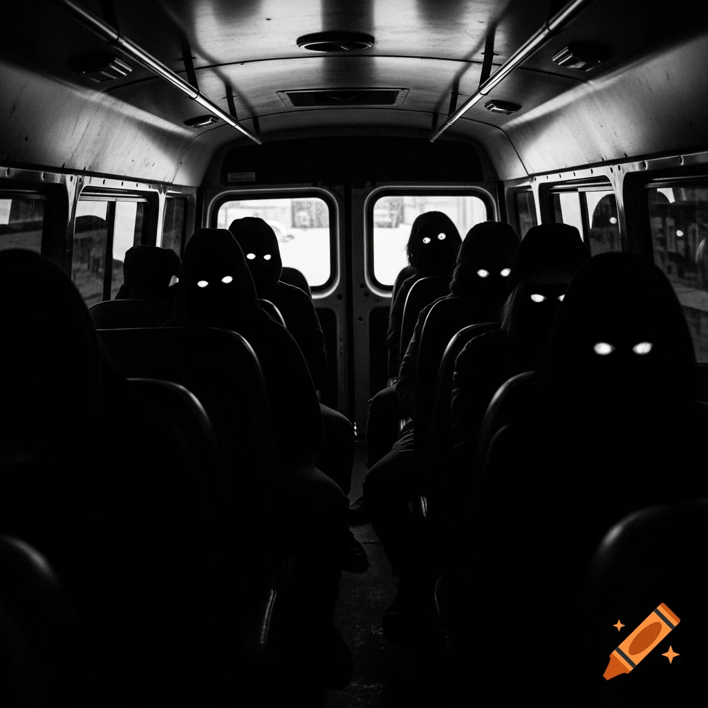 Dark, unsettling silhouettes with glowing white eyes ride in a monochrome van interior.