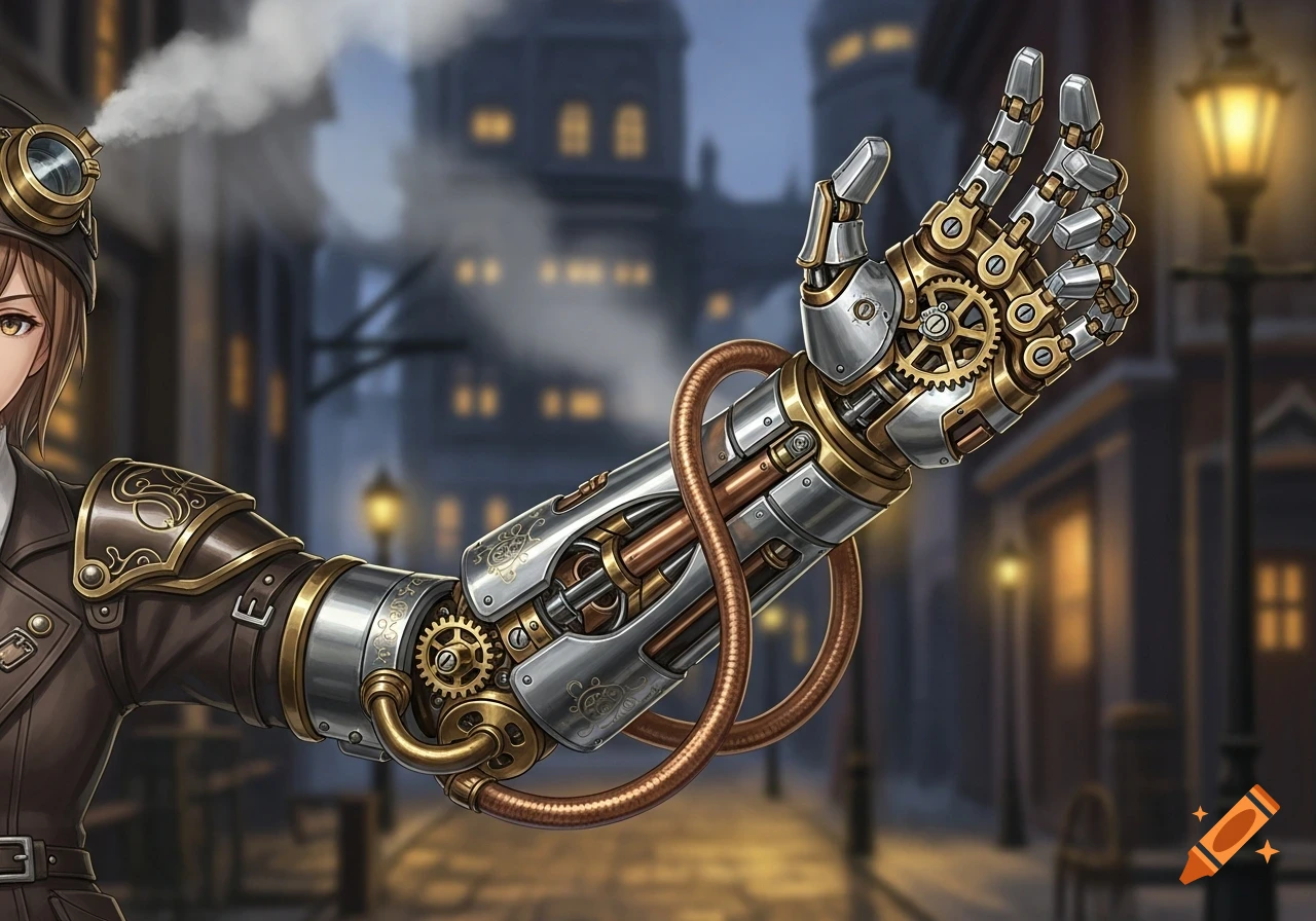 Anime-style character with a detailed steampunk mechanical arm ...