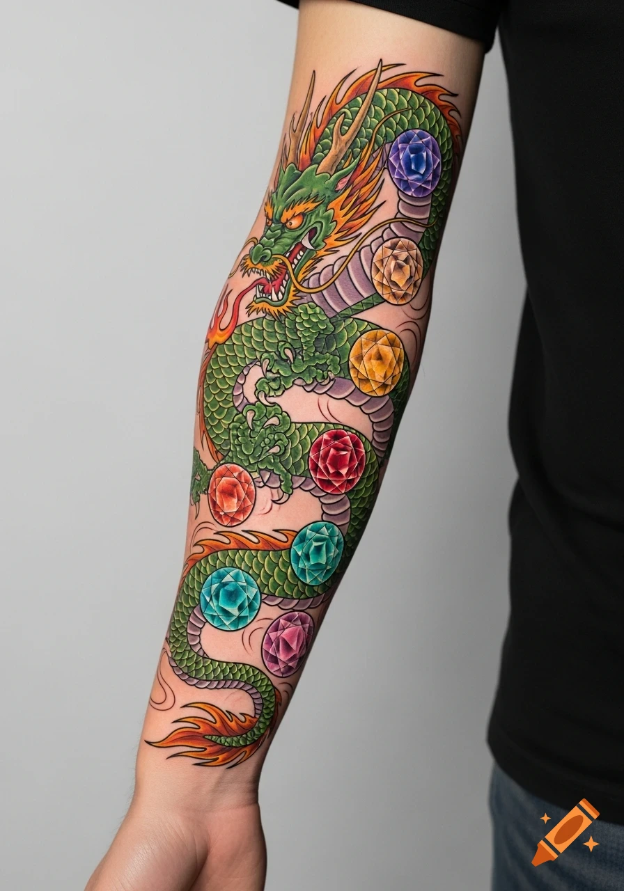 A vibrant, stylized green dragon tattoo coils around a male forearm, adorned with seven colorful crystal balls.