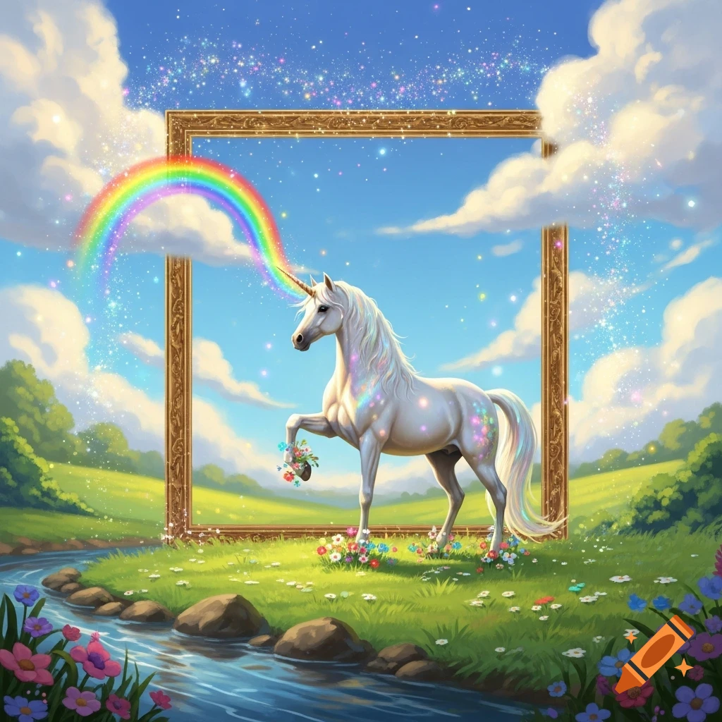 A white unicorn stands within a golden frame in a magical landscape, a rainbow arching from its horn.