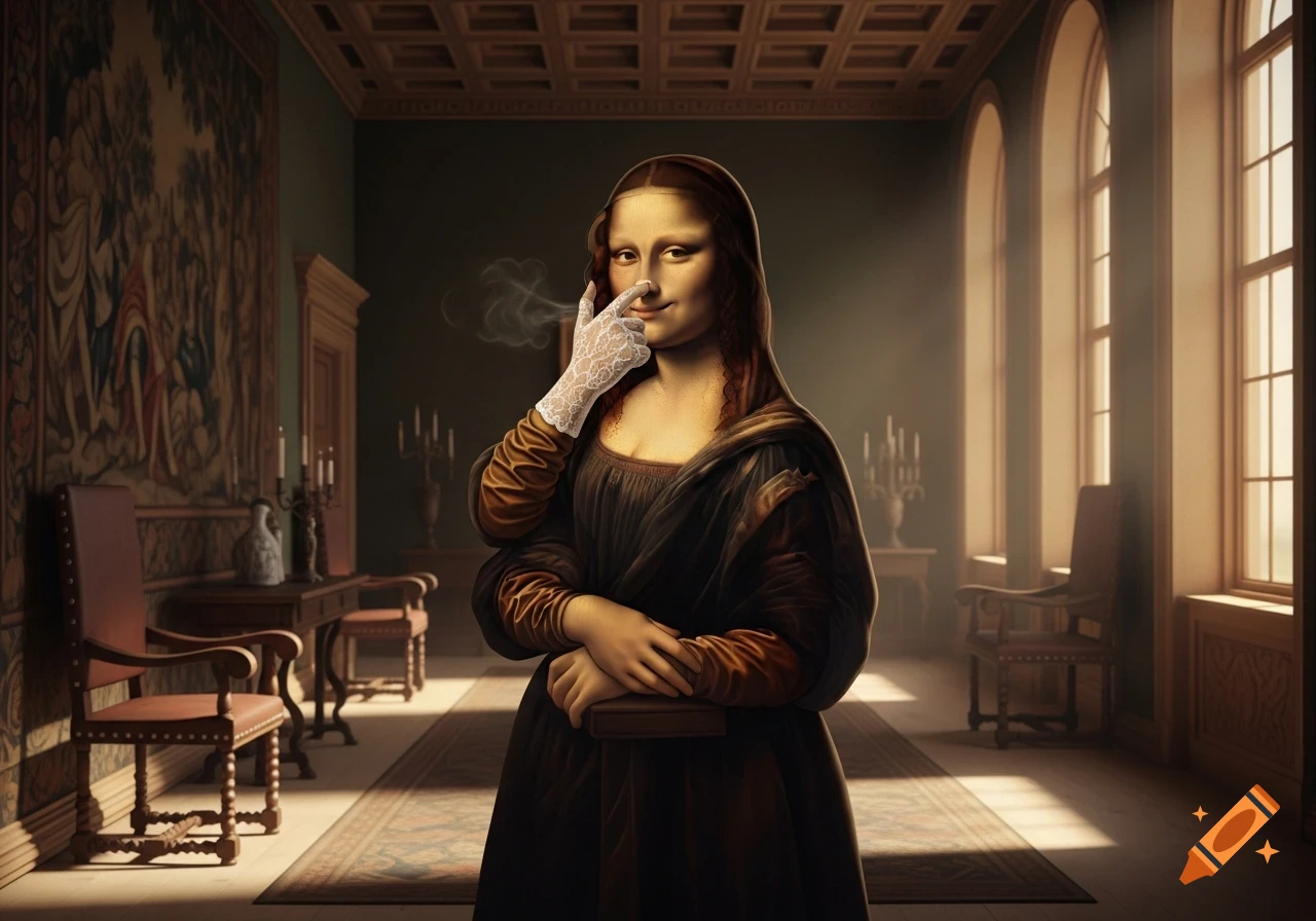 Mona Lisa, wearing a lacy glove, pinches her nose with smoke curling out, standing in a richly decorated classical room.