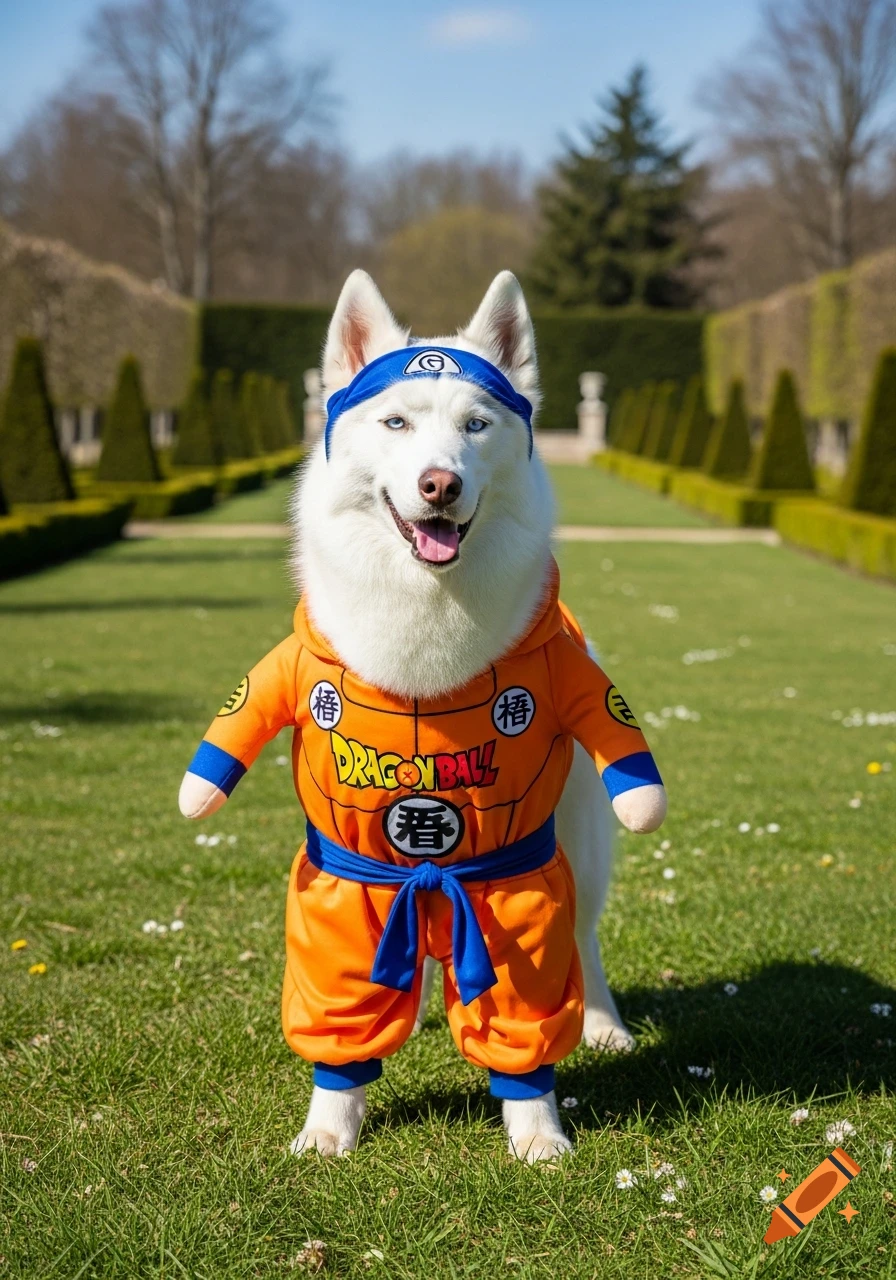 A white husky dog wearing an orange Dragon Ball Z costume and a blue Naruto headband stands on a grassy lawn.