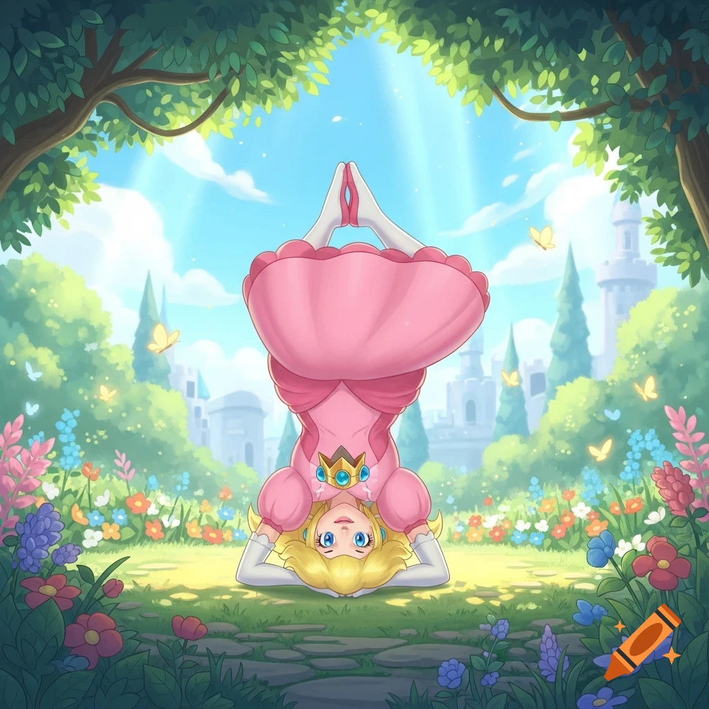 Princess Peach performs a tripod headstand in a lush, cartoon garden with a castle in the background.