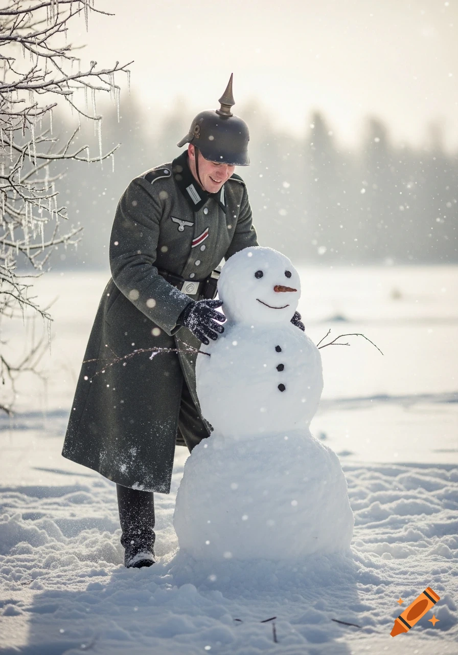 A man in a historical German soldier's uniform with a Pickelhaube helmet builds a snowman in a snowy winter scene.