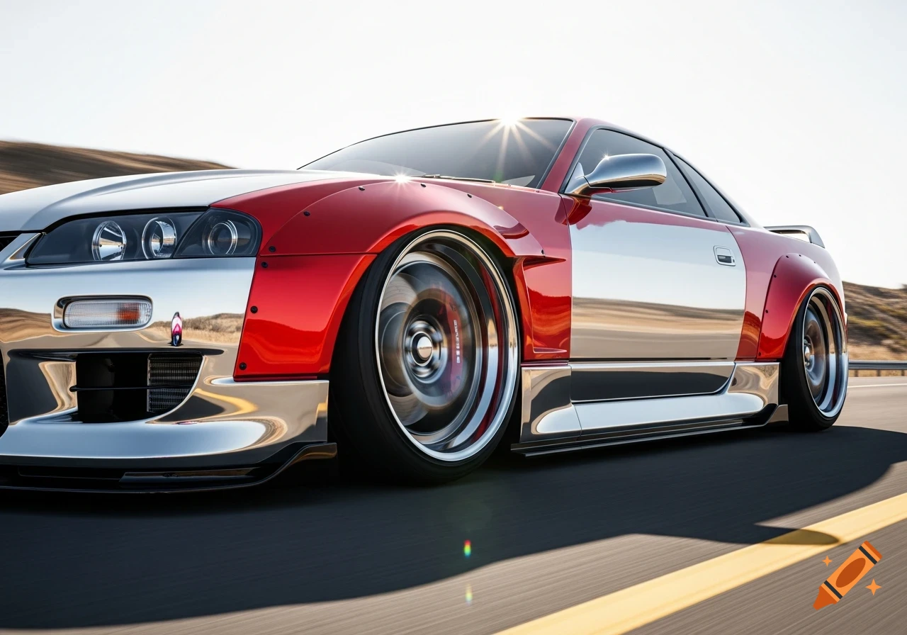 A low-angle, close-up of a red and chrome modified sports car driving on a sunny road, wheels blurred with motion.