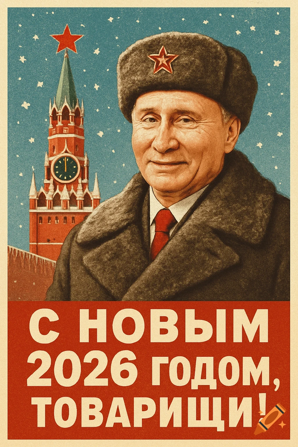 Soviet-style propaganda poster of Vladimir Putin in a winter hat and coat, with the Spasskaya Tower and a red star in the background. Text reads "Happy New 2026 Year, Comrades!"