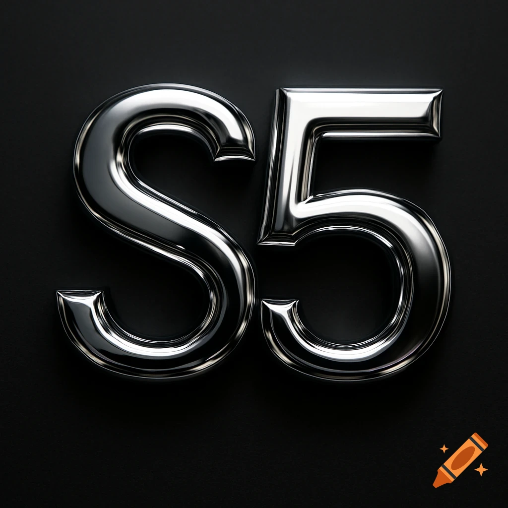 A shiny chrome uppercase S fused with the number 5, casting a subtle shadow on a dark black background.
