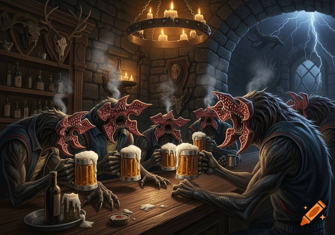 Demogorgons from Stranger Things drinking beer from steins at a dimly lit tavern bar under a stormy sky, fantasy art style.