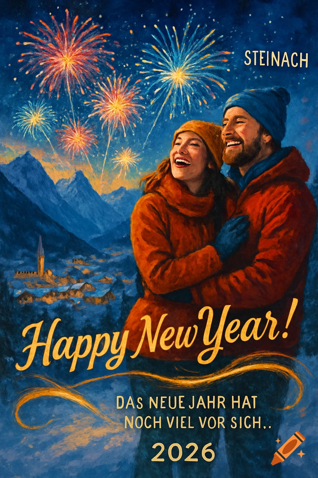 A happy couple embraces in a snowy mountain village, watching New Year's fireworks explode above. Text reads 'Happy New Year! 2026'.