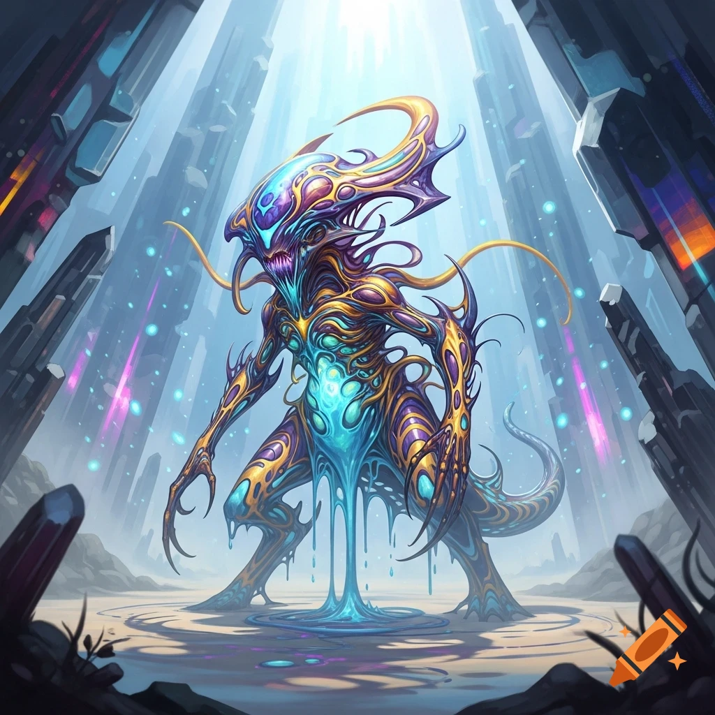 A vibrant, bizarre alien creature with glowing blue patterns stands in a surreal, crystalline landscape, digital art.